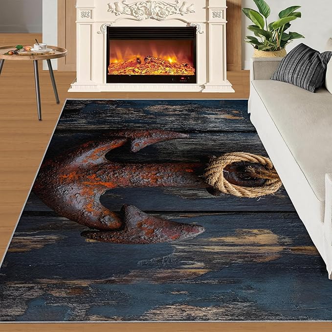 Nautical Anchor 2x3 Area Rugs,Distressed Wood Bedroom Rug Nautical Style Non-Slip Washable Rug for Living Room Nursery Kitchen Low-Pile Carpet