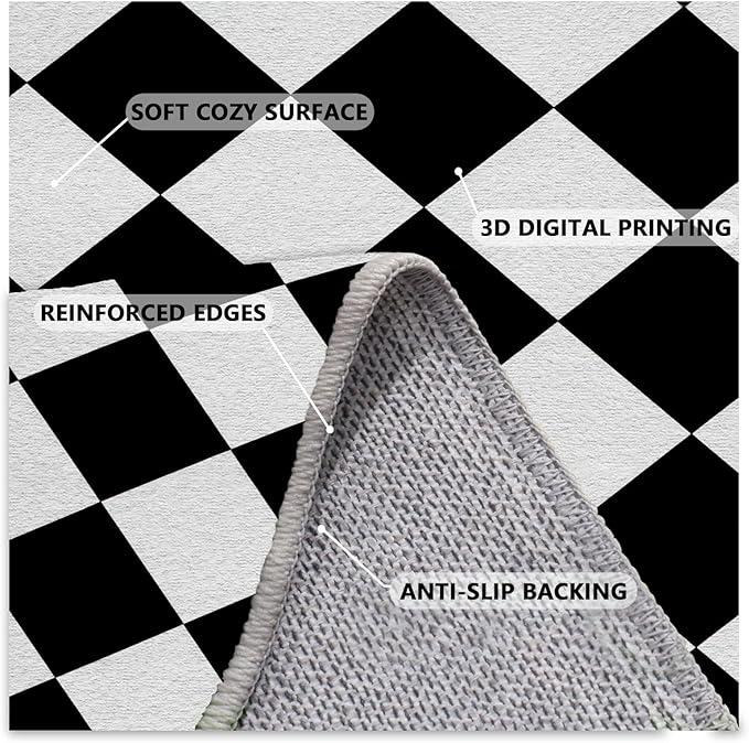 Checkered Rug, Black White Rug, Washable Rugs 2x3, Geometric Rhombus Plaid Area Rugs, Grid Gingham Carpet for Living Room Non Slip Home Decor