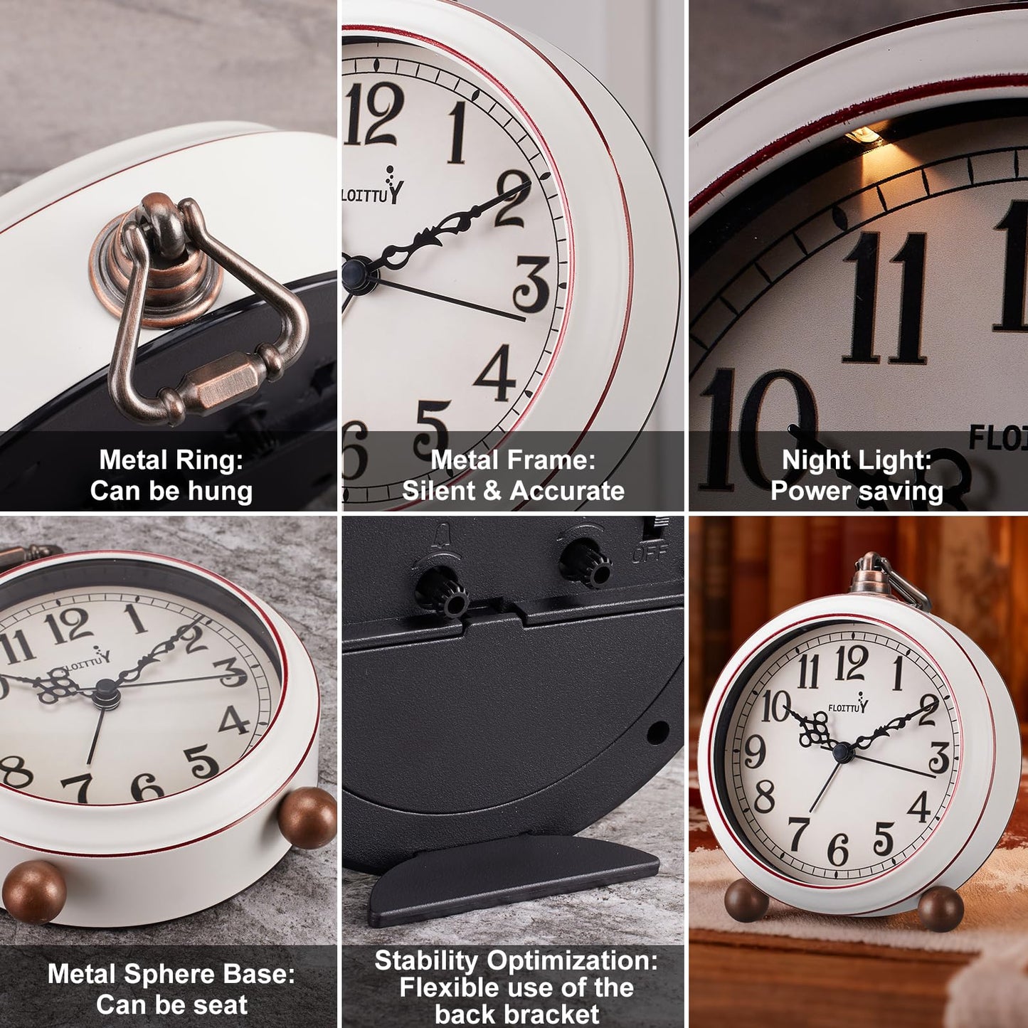 FLOITTUY 4.5" Battery Operated Antique Retro Analog Metal Alarm Clock, Silent Bedside Desk Clock, Wall-Hanging Vintage Clock(Vintage White)