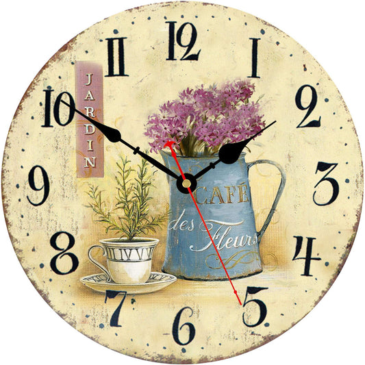 Toudorp Wooden Wall Clock 14 Inch Arabic Numerals Easy to Read Silent Wall Clock Vintage Battery Operated Cafe and Flowers Style Wall Clock Decorative for Bedroom, Living Room, Dining Room