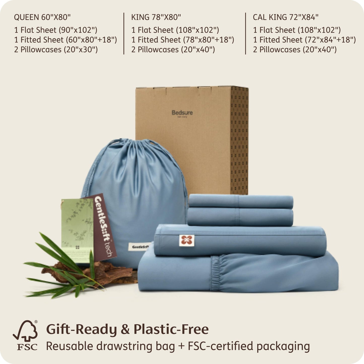 Bedsure 100% Organically Grown Bamboo Viscose Queen Sheet Set | Cooling Bedsheets for Hot Sleepers | Luxury Silky Soft PureWoven | 18" Deep Pocket with Corner Straps | Oeko-Tex [Mineral Blue]
