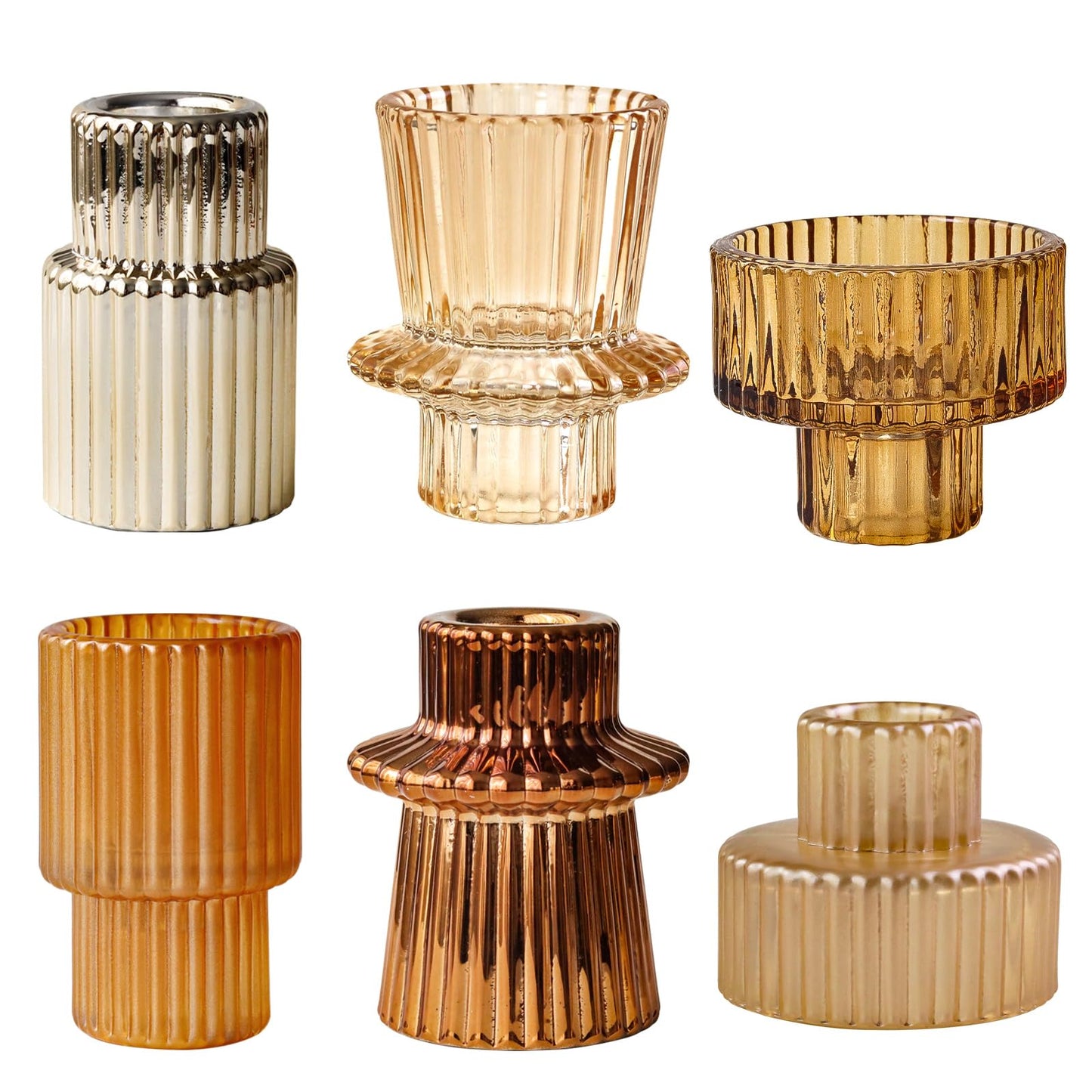 SYFURNIX Gold Candlestick Holders 6PCS for Tealight Candle Stick Candles, Ribbed Glass Taper Candle Holders Set Table Centerpieces for Thanksgiving Christmas Farmhouse Decor Indoor and Outdoor