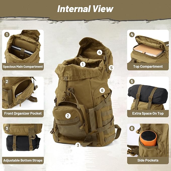 AUMENTAR 50L Tactical Backpack for Men and Women, Water-Resistant Molle Rucksack, Large Military Assault Pack for Hiking, Hunting, Camping, Gym & Outdoor Survival Khaki