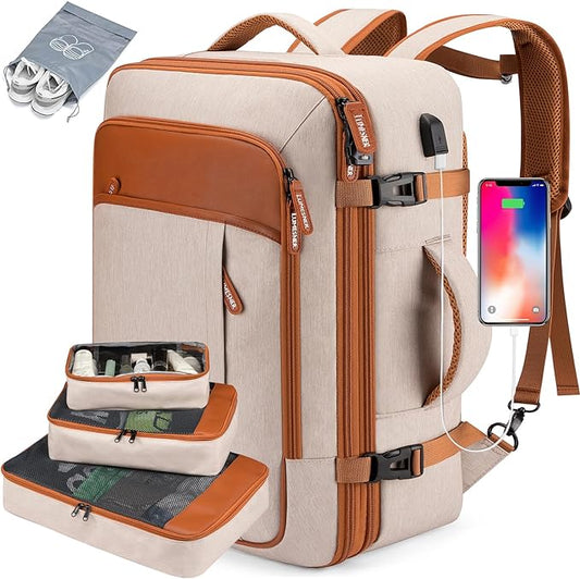 Lumesner Carry on Travel Backpacks, Extra Large 40L Flight Approved for Men & Women,Expandable Suitcase backpack (Beige (Backpack With 4 Packing Cubes))