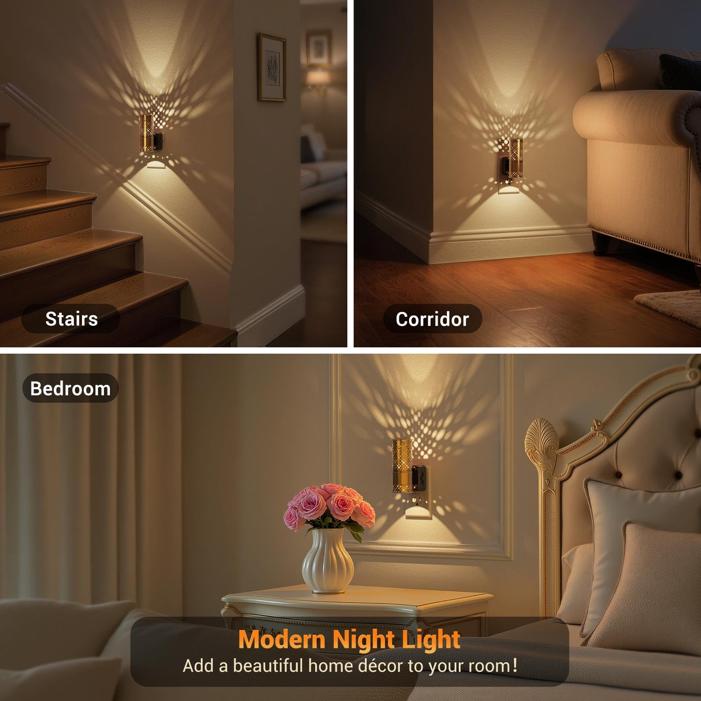 JandCase Night Lights Plug into Wall, Aesthetic Nightlight with Metal Shade, 3000K Warm White 0-100LM Adjustable Brightness, Dusk to Dawn Sensor Plug in Night Light for Bathroom Hallway Bedroom