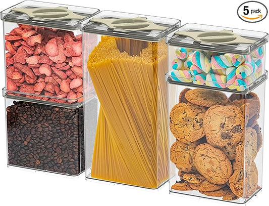 Prestoor 5-Pack SAN Pantry Storage Container Set, Leakproof Twist-Lock Lids, BPA-Free Stackable Canisters for Sugar, Flour, Pasta, Cereal & Snacks (0.8qt, 1.9qt ×2, 3qt, 4qt)
