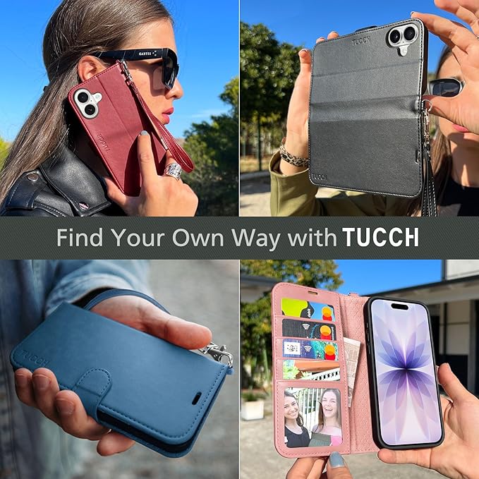 TUCCH Case Wallet for iPhone 17 (6.3") 2025, Wrist Strap, Stand, RFID Blocking, 4 Card Holder, TPU Shockproof Inner Shell, PU Leather, Magnetic Closure Folio Protective Cover, Deep Purple