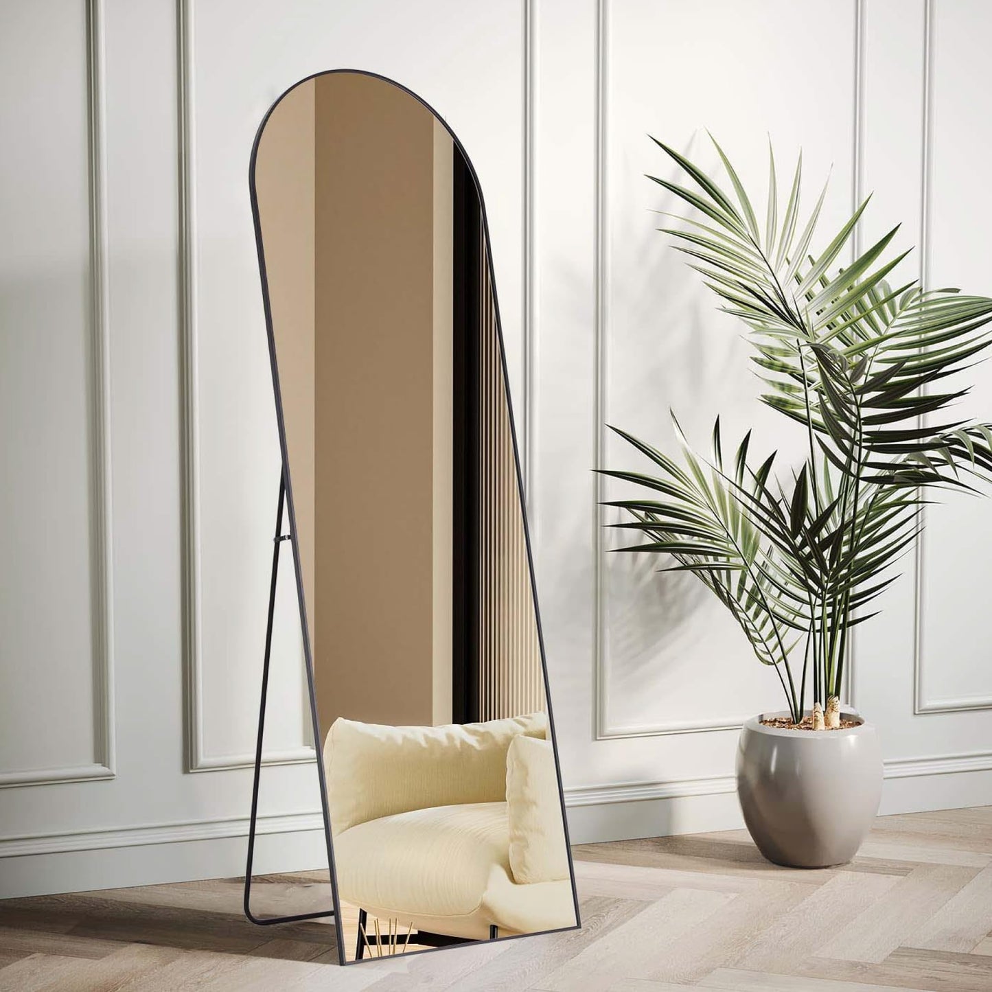 Hexago Arched Floor Full Length Mirror 64"x21", Aluminum Alloy Thin Frame Floor Standing Mirror, Hanging or Leaning for Wall, Suitable for Bedroom, Living Room, Dressing Room, Black
