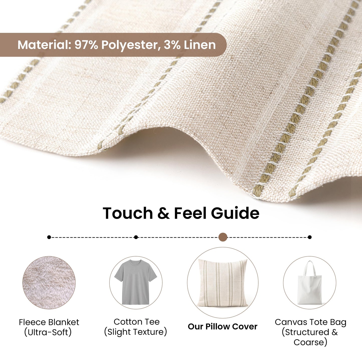 AELS 24x24 Decorative Farmhouse Linen Blend Throw Pillow Covers, Boho Textured Pillow Case, Set of 2, Beige with White & Brown Stitch Yarn Dyed Stripe Cushion Cover for Sofa Living Room (Cover ONLY)