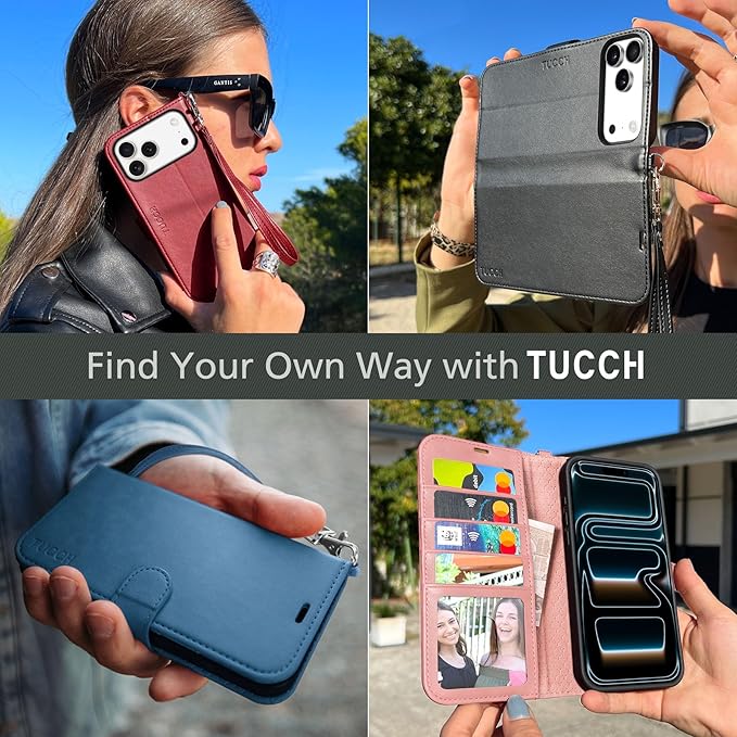 TUCCH Case Wallet for iPhone 17 Pro Max (6.9-Inch) 2025, Wrist Strap | Stand | RFID Blocking | 4 Card Holders | TPU Shockproof Inner Shell | PU Leather | Magnetic Folio Cover | Dark Red