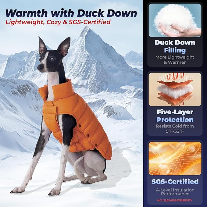 SPACE LION Dog Puffer Jacket, Down Winter Coat, Durable Outdoor Coat for Cold and Windy Conditions, Lightweight & Adjustable Fit Coats for Large Dogs, (Orange, Size28/4XL)
