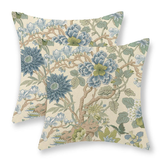 Blue Green Pillow Covers 18x18 Inch Set of 2 Chinoiserie Floral Throw Pillows Vintage Blue Flower Decorative Pillow Cases Linen Outdoor Chinoiserie Decor Farmhouse Cushion Cover for Couch Sofa