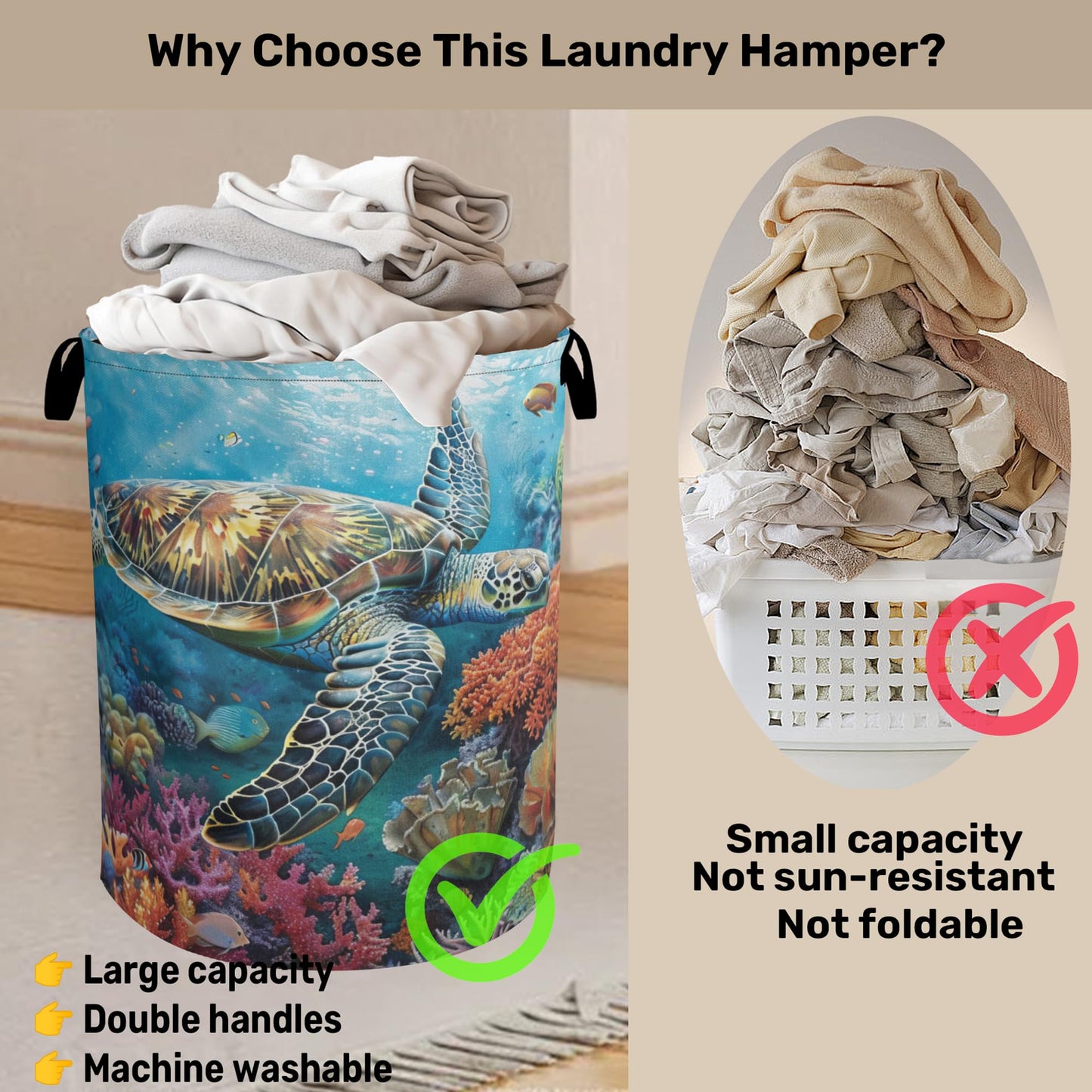 Sea Turtle Foldable Canvas Laundry Basket with Handles - Storage Organizer, Heavy Duty for Home，Bedroom, Dorm, Bathroom