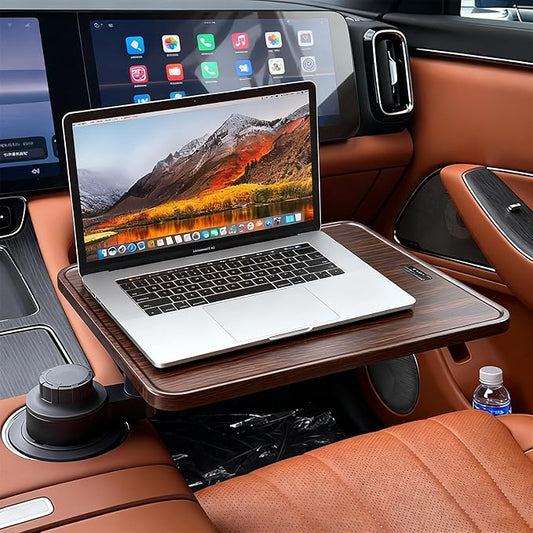 HZGAMER Wood Car Desk for Laptop, 360° Rotating Wood Cup Holder Table Tray for Drivers and Passengers, Car Accessories Compatible with Tesla Model Y/3/S, Ford F150/Explorer/Maverick & Most Vehicles