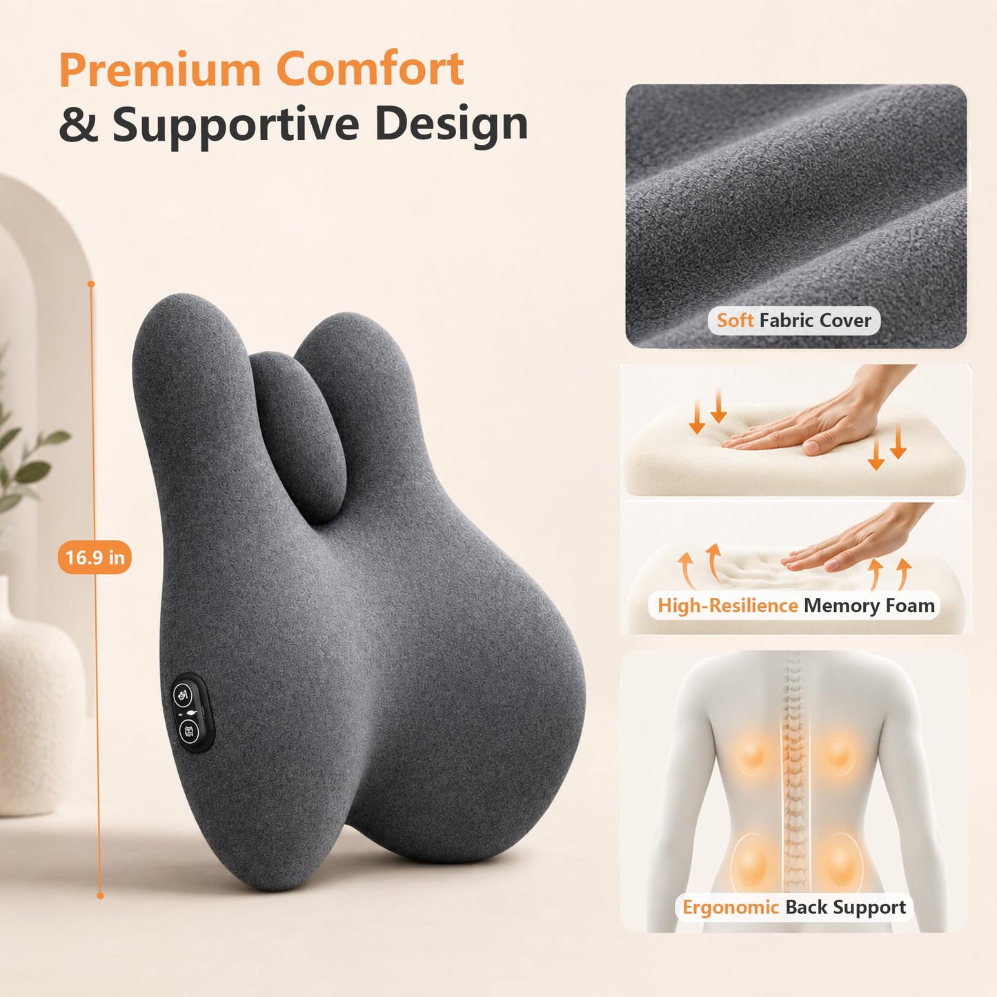 pluva Lumbar Support Pillow with Heat and Vibration Massage for Lower Back Pain Relief & Comfort, Ergonomic Memory Foam Back Cushion with Adjustable Strap for Office Chair, Car Seat and Sofa, Grey