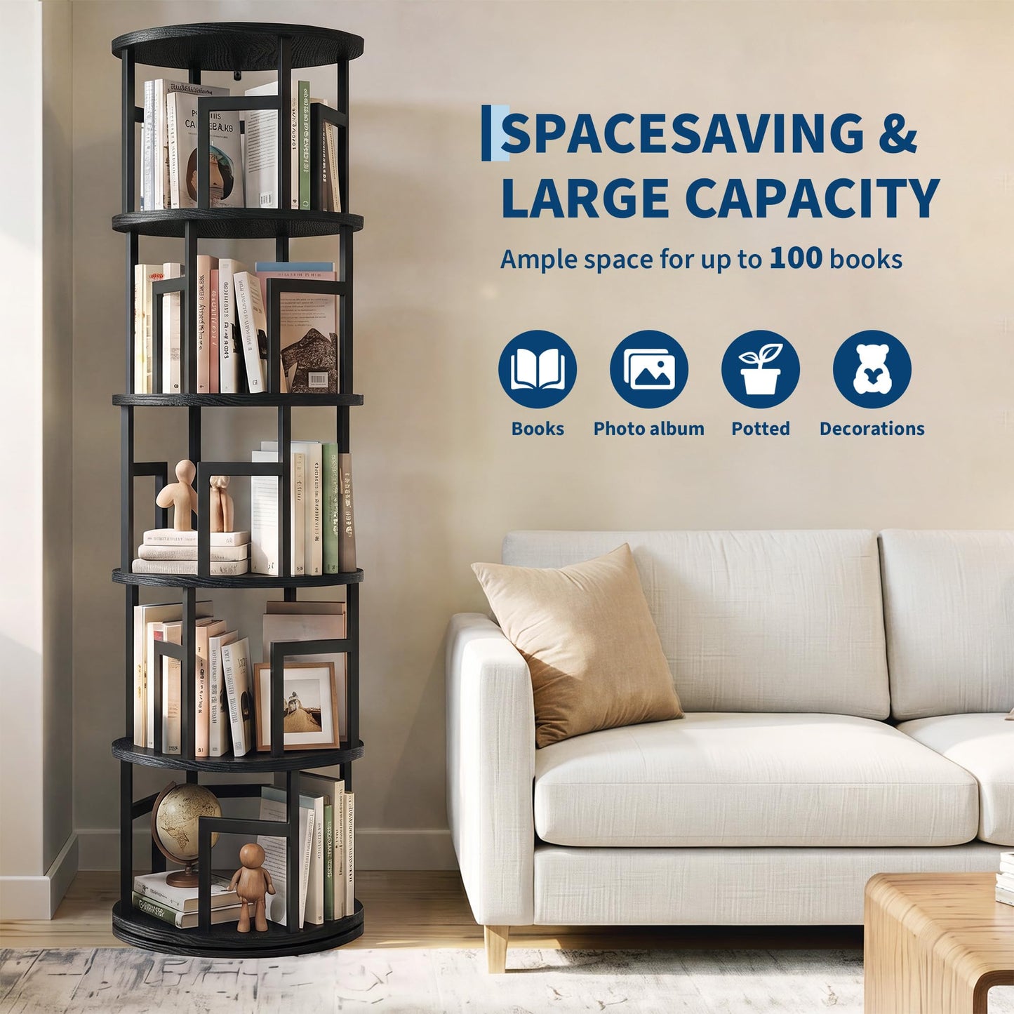 Garvee 5-Tier Rotating Bookshelf Tower – Spinning Corner Shelf, Black