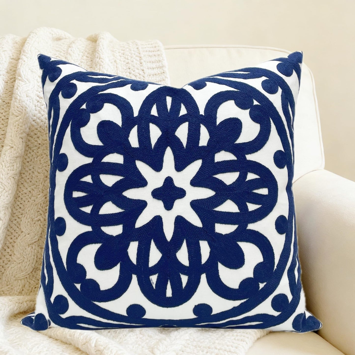 Slow Cow Canvas Embroidered Decorative Throw Pillow Cover Square 18 x18 inches Cozy Boho Mandala Chic Knit Pattern Cushion Cover for Sofa Couch Living Room Bedroom