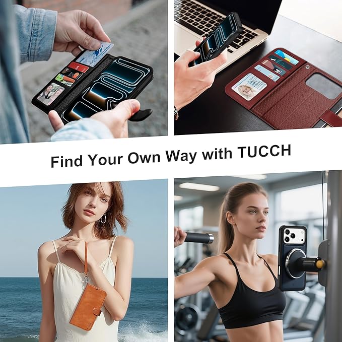 TUCCH Detachable Case Wallet for iPhone 17 Pro Max (6.9") 2025, Removable Wrist Strap, Wireless Charging, Stand, 4 Card Slots RFID Blocking, 2-in-1 Magnetic, PU Leather Flip Cover, Textured Black