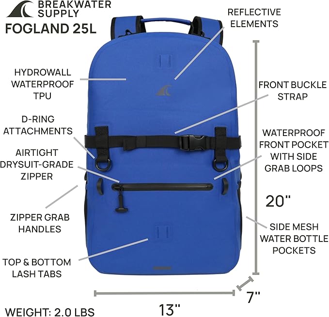 Breakwater Supply™ Waterproof IP68 Submersible Backpack with Airtight Zippers | Laptop Travel Outdoors | Fogland 25L 20L 15L