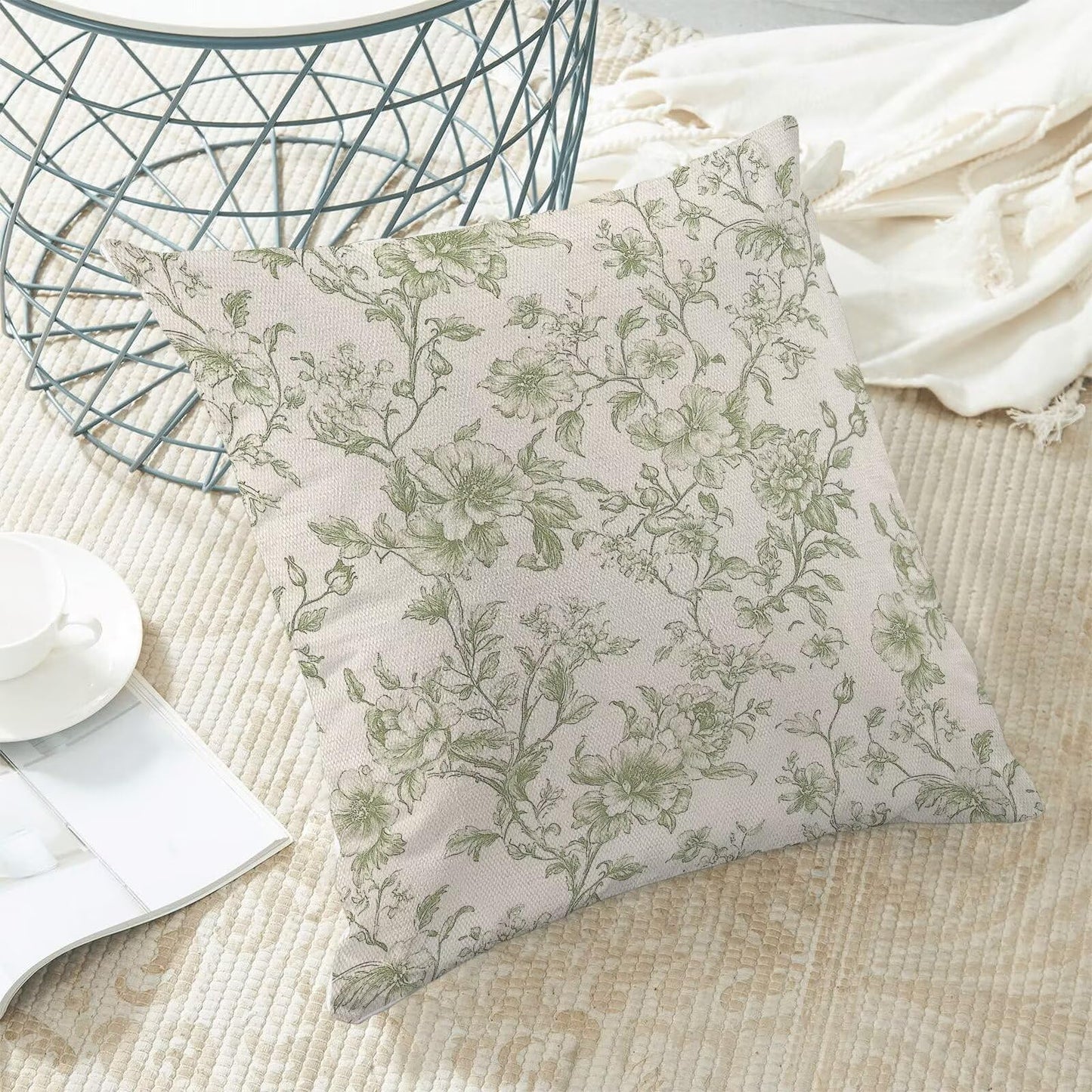Chinoiserie Sage Green Floral Pillow Covers 18x18 Inch Set of 2, Neutral Seasonal Print Outdoor Decorative Spring Flower Throw Pillows Rustic Flower Couch Cushion Case for Chair Sofa Bedroom