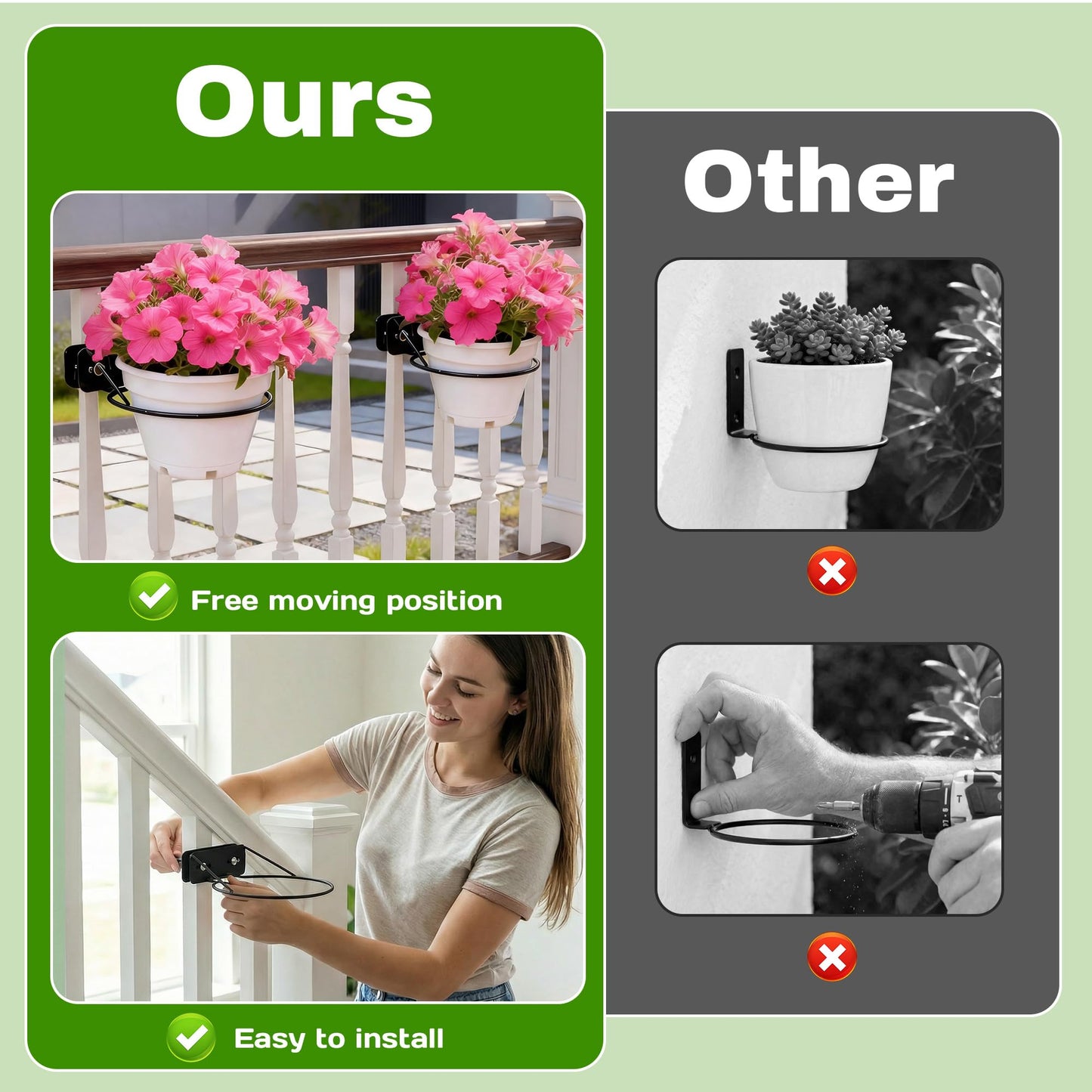 Mytium Railscapes Plant Holder Between Rails - 3pc Heavy Duty Hanging Plant Holder Adjustable Width Rail Scapes for Plants Railings Metal Hanging Plant Pot Stand for Balcony Patio and Stair