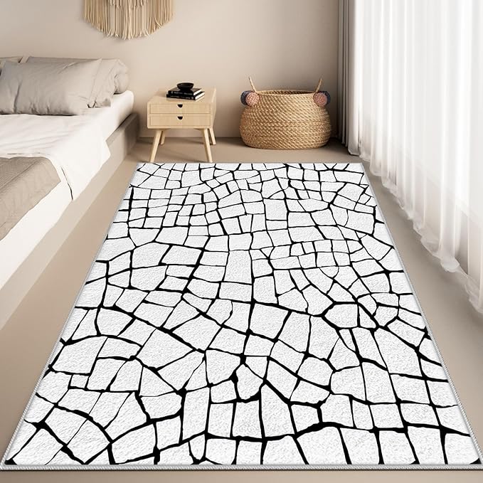 Black and White Area Rug, Abstract Rug, Contemporary Minimalist Rugs, Geometric Cracks Area Rugs, Modern Geometric Carpet for Living Room, Washable Non Slip Home Decor Mat 6x9