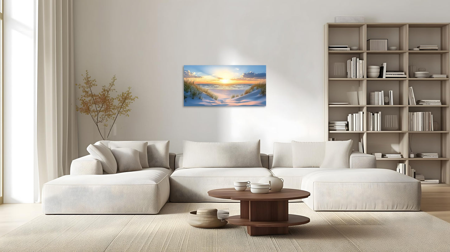 TutuBeer Beach Pictures Ocean Pictures Wall Decor White Beach with Dunes and Grass Picture Print on Canvas Ocean Seascape Paintings Canvas Art Prints Wall Decor Ready to Hang 8" x 16"