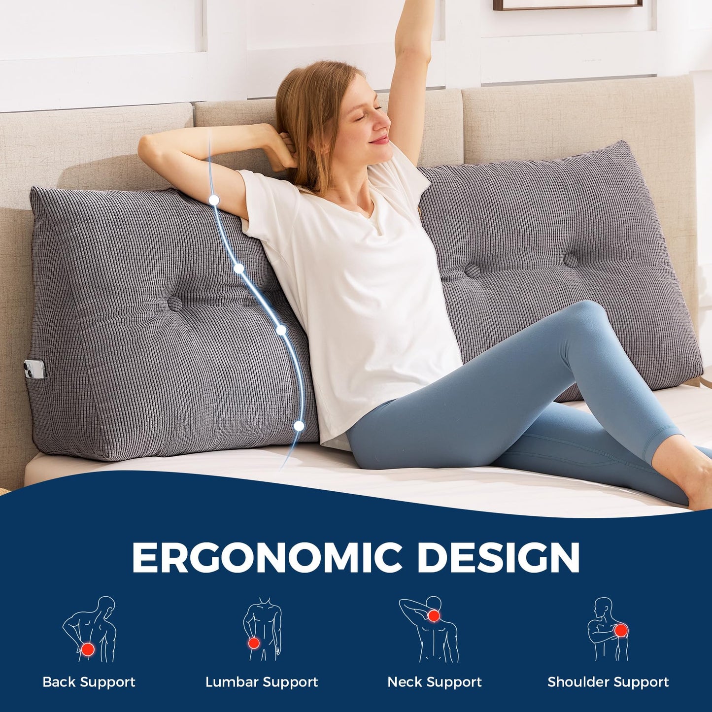 IASEAHK Headboard Pillow Queen, Triangle Pillows for Headboard, Head Board Backrest Wedge Pillow for Reading Sitting Working, Daybed Pillows with Removable Cover for Bed Dorm Sofa, Dark Grey
