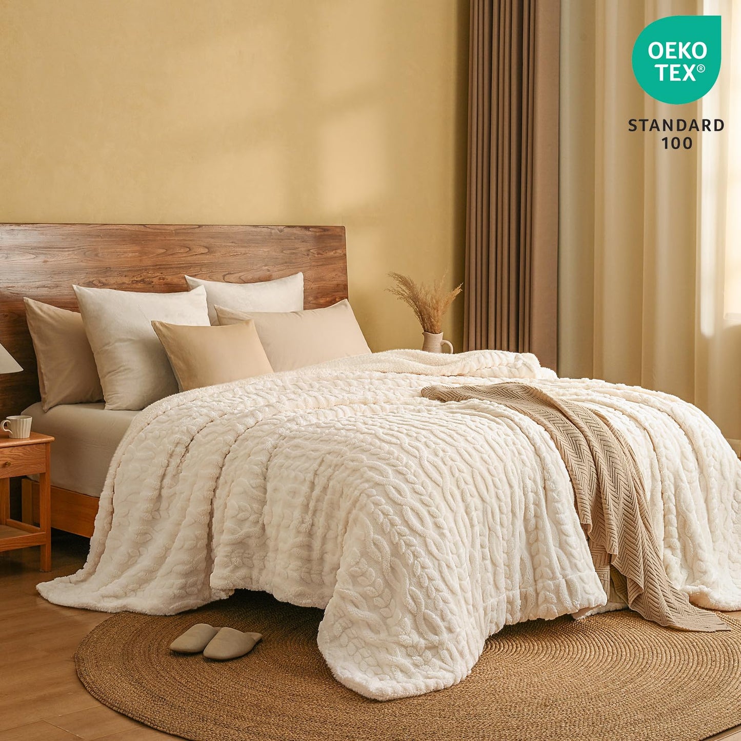 PHF Ultra Soft Sherpa Fleece Blanket Queen Size 90" x 90", 510GSM Fleece Lightweight Yet Warm Blanket for Winter Bed, No Shedding, No Pilling, Tufted Jacquard for Luxury Home Decor, Natural Cream