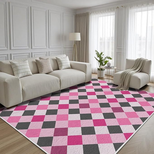 Diamond Checkered Rug 4x5, Soft Ultra Soft Faux Wool Abstract Geometric Rugs, Indoor Floor Mats Carpet, Non Slip&Non-Shedding Low Pile Washable Rugs, Modern Red Rug for Bedroom