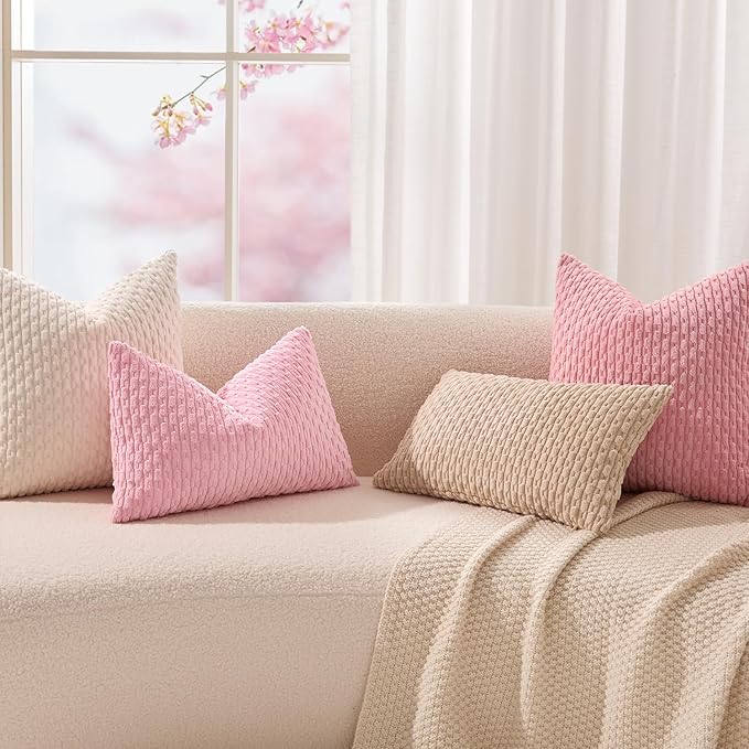 Kevin Textile Valentines Day Decorative Pillow Covers Set of 2 Striped Plush Corduroy Rectangle Lumbars Boho Home Decor Cushion Covers for Couch Sofa Bed Living Room 12x20 Inch, Pink