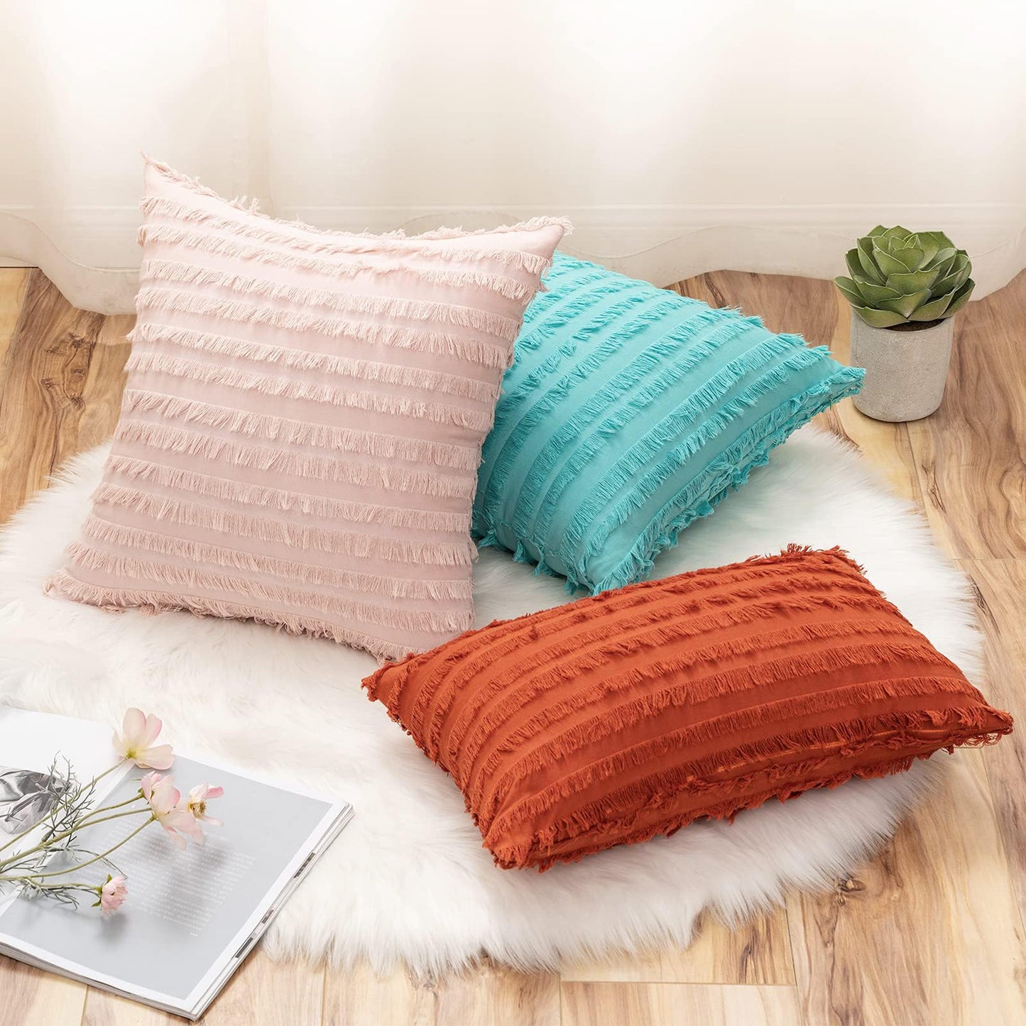 MIULEE Set of 2 Decorative Boho Throw Pillow Covers Linen Striped Jacquard Pattern Summer Cushion Covers for Sofa Couch Living Room Bedroom 20x20 Inch Light Blue