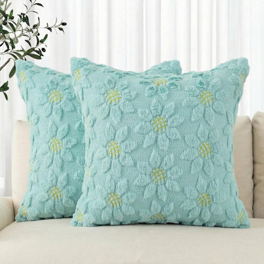 AVOIN colorlife Spring Summer Blue Sunflower Throw Pillow Covers Set of 2, 18 x 18 Inch Seasonal Flora Farmhouse Decor Flower Soft Plush Faux Fur Jacquard Cushion Case for Home Sofa