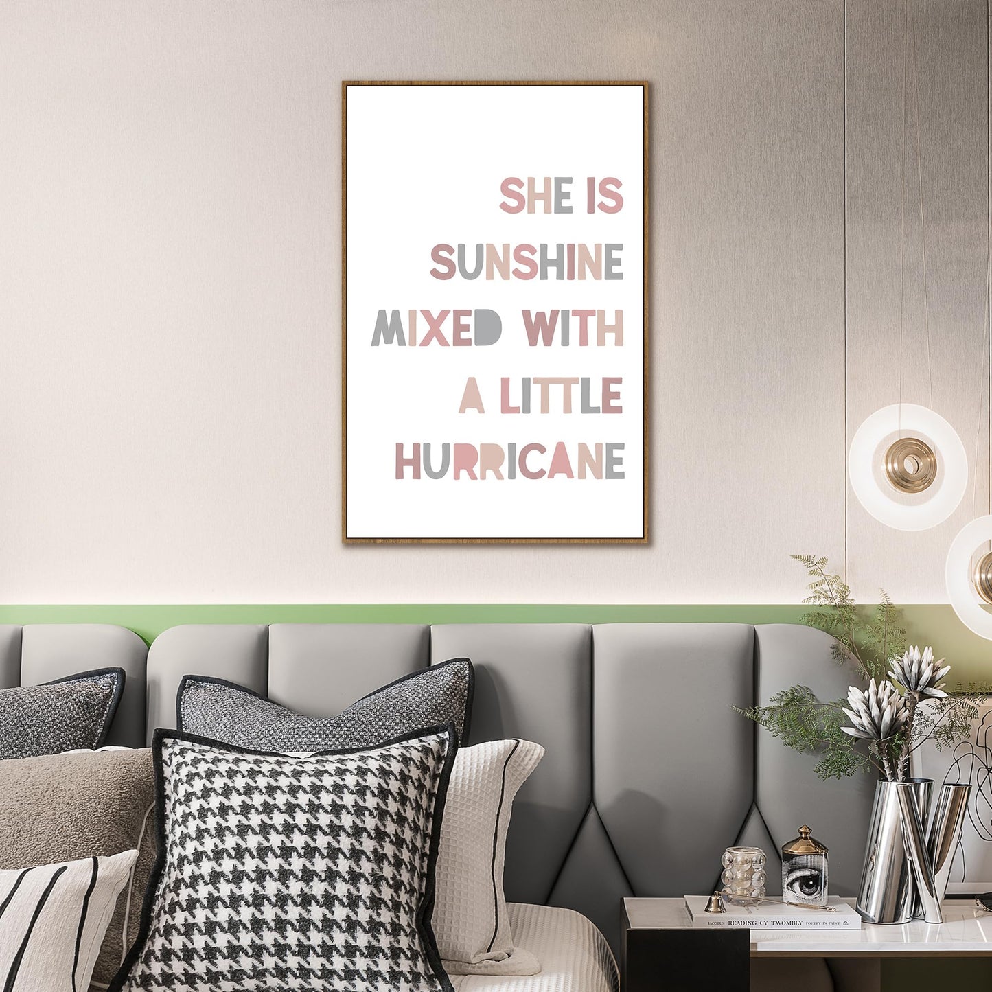 PHAMTE Girls Bedroom Wall Art Framed,She is Sunshine Mixed with a Little Hurricane Girly Room Wall Art Decor, Sunshine Boho Print Framed Canvas Painting Dorm Bedroom Nursery Playroom Decor 16x24in