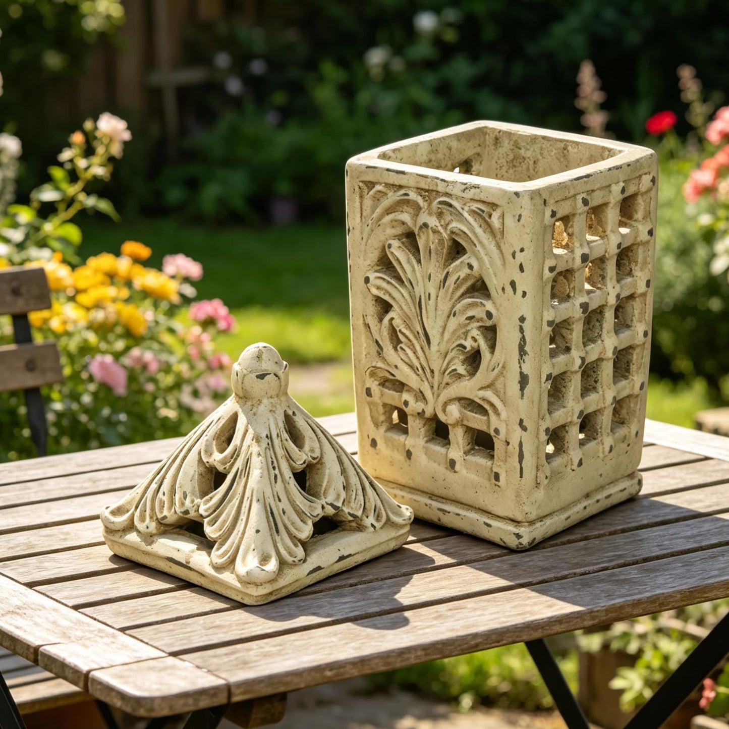 French Country Candle Lantern 15”H Grid-Carved Distressed White Decor Gift