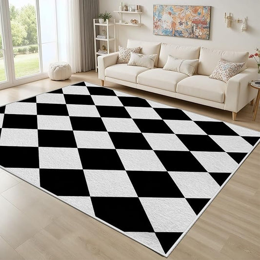 Checkered Rug, Black White Rug, Washable Rugs 2x3, Geometric Rhombus Plaid Area Rugs, Grid Gingham Carpet for Living Room Non Slip Home Decor