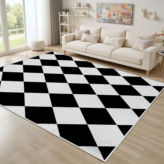 Checkered Rug, Black White Rug, Washable Rugs 4x5, Geometric Rhombus Plaid Area Rugs, Grid Gingham Carpet for Living Room Non Slip Home Decor