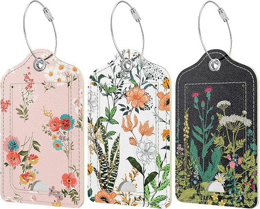 Rimilak 3 Pcs PU Leather Luggage Tags for Suitcase, Travel Cruise Luggage Tag with Privacy Flap, Name ID Label and Metal Loop for Women Men Baggage Handbag School Bag Backpack, Daisy Flowers