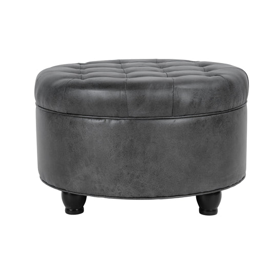 HomePop 25" Button Tufted Round Storage Ottoman - Gray Faux Leather