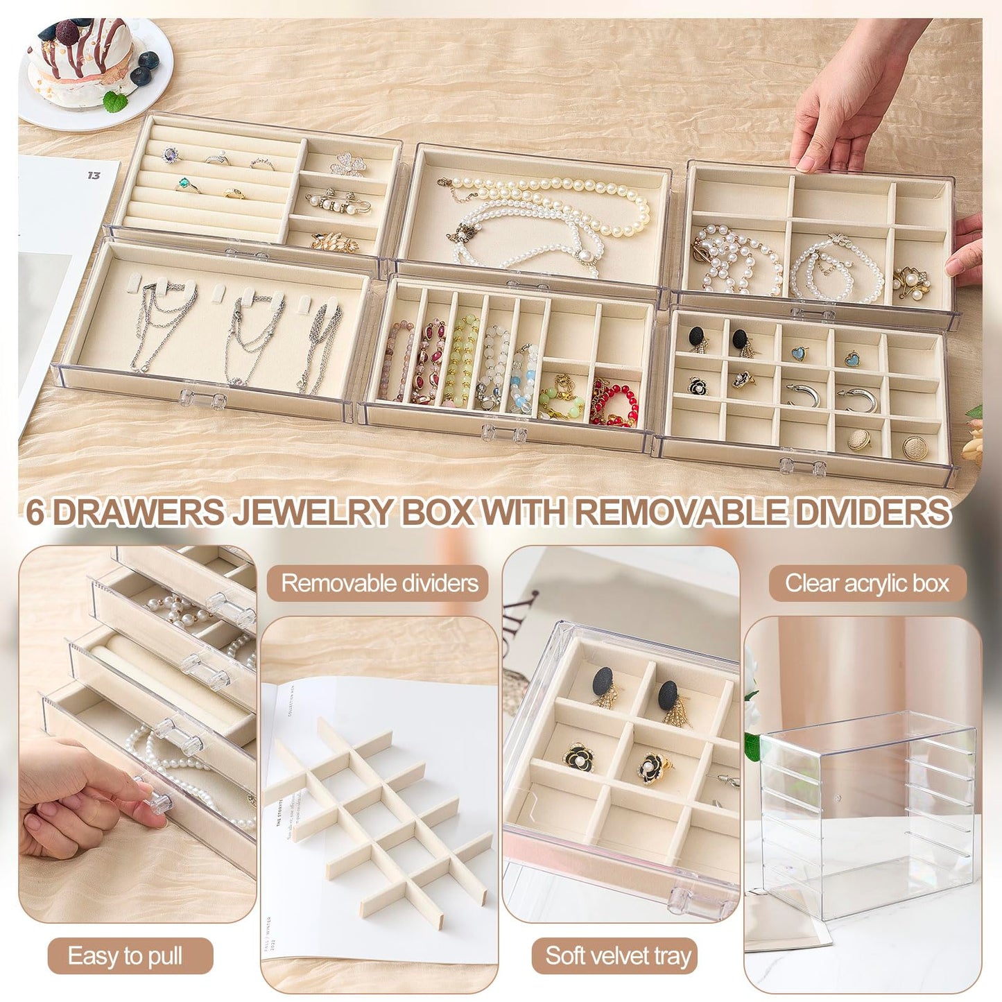 6 Drawer Clear Acrylic Jewelry Organizer with Velvet Lined Trays, Jewelry Box with Drawers for Earrings, Rings, Necklaces, Brooch, Bracelets, Watches, Stackable Storage Organizer for Women, Gift Ready