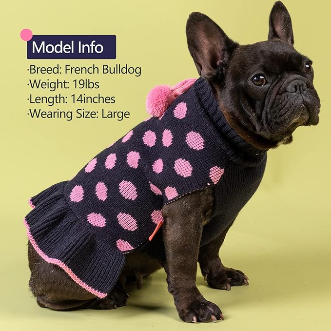 KYEESE Dog Sweaters with Leash Hole Small for Girl Dog Sweater Dress Polka Dot Knit Warm Dogs Clothes with Pom Pom Ball, XS