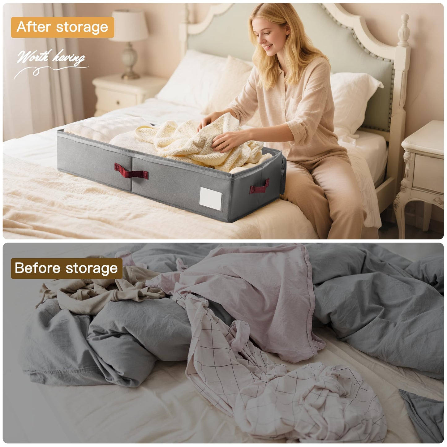 Criusia Under Bed Storage Bins with Clear PVC Lids – 2 Pack Large Underbed Organizers with Heavy-Duty Handles, Reinforced with 800G PP Panels & 80G Non-Woven Fabric – Waterproof & Foldable, Gery