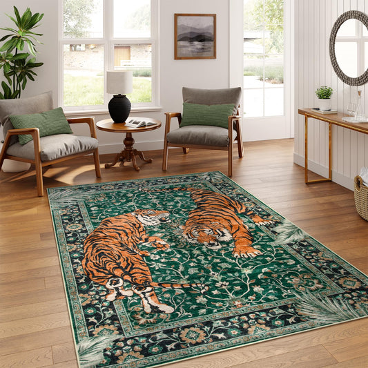 Moynesa Tiger 5x7 Area Rug, Boho Washable Living Room Rug, Non Slip Green Rugs for Bedroom, Ultra Thin Vintage Soft Stain Resistant Throw Floor Carpet for Office Dining Room