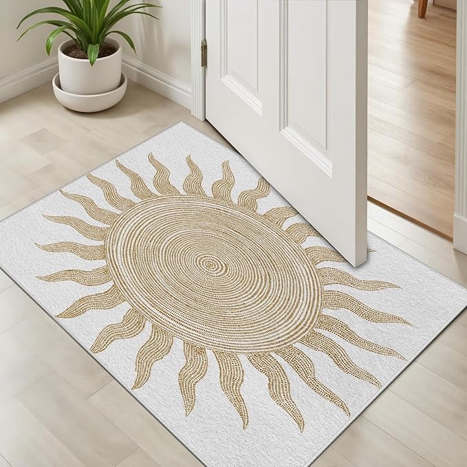 Boho Washable Rugs for Bedroom 4x6, Modern Sun Print Soft Minimalism Area Rug, Non Slip Low Pile Abstract Carpet for Classroom Living Room Decor Dining Room Sofa Kids Nursery Room, Beige Yellow