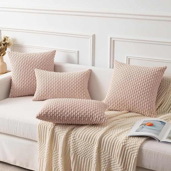Kevin Textile 24x24 Pillow Covers 2 Packs Light Pink with Stripe Pattern Super Soft Corduroy Square Solid Cushion Cover Valentines Day Gifts for Couch Sofa Bedroom Living Room 60x60 cm