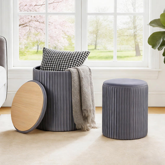 DUMOS Round Ottoman with Storage Set of 2, Vanity Stool Chair with Storage, Makeup Cute Soft Small Footstool Modern Style Coffee Table, Small Velvet Foot Stool for Living Room Bedroom Dorm, Deep Grey
