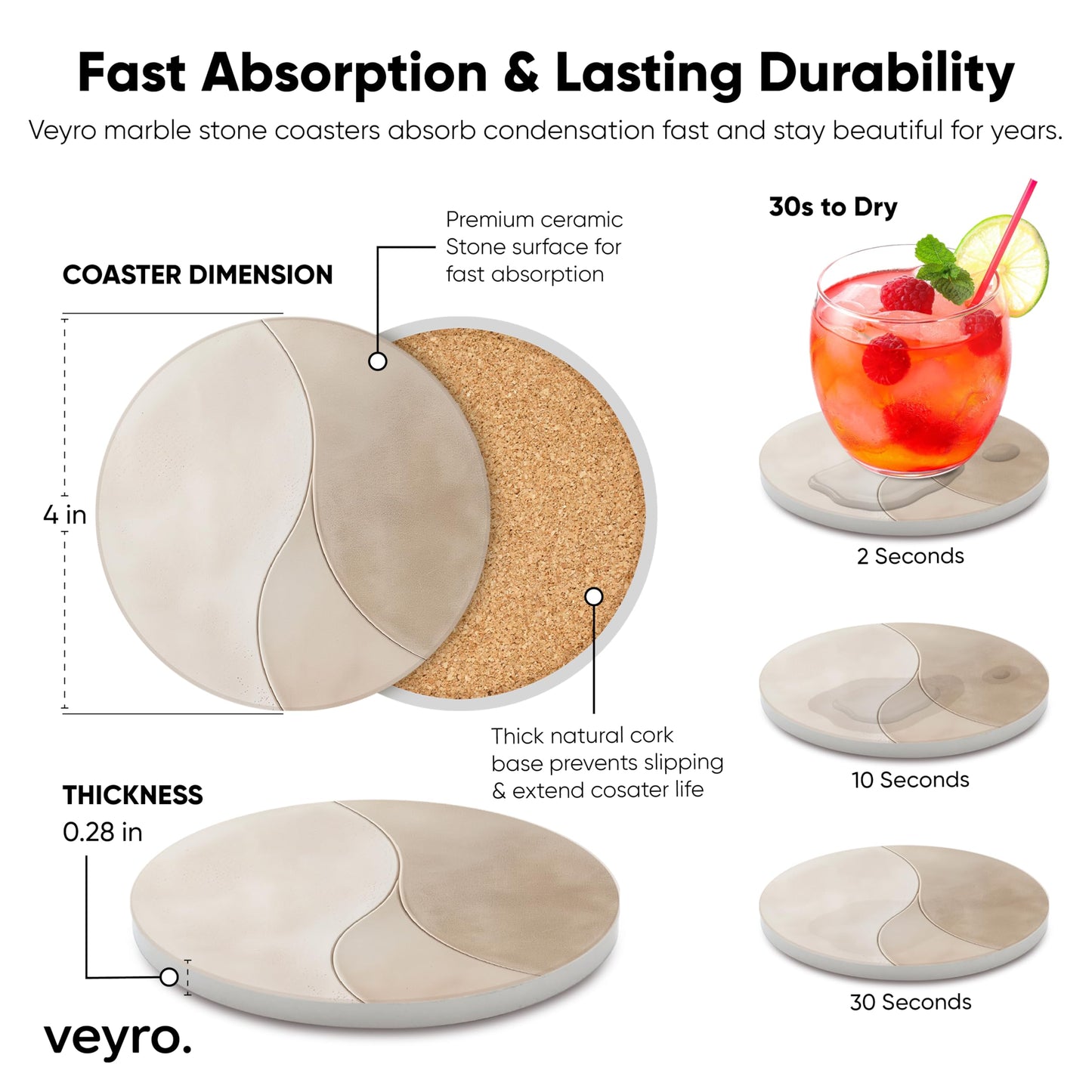 VEYRO Ceramic Coasters Set of 6 – Absorbent Stone Drink Coasters with Holder, Non-Slip Cork Backing, Modern Marble Look Coasters for Coffee Table, Desk & Home Decor