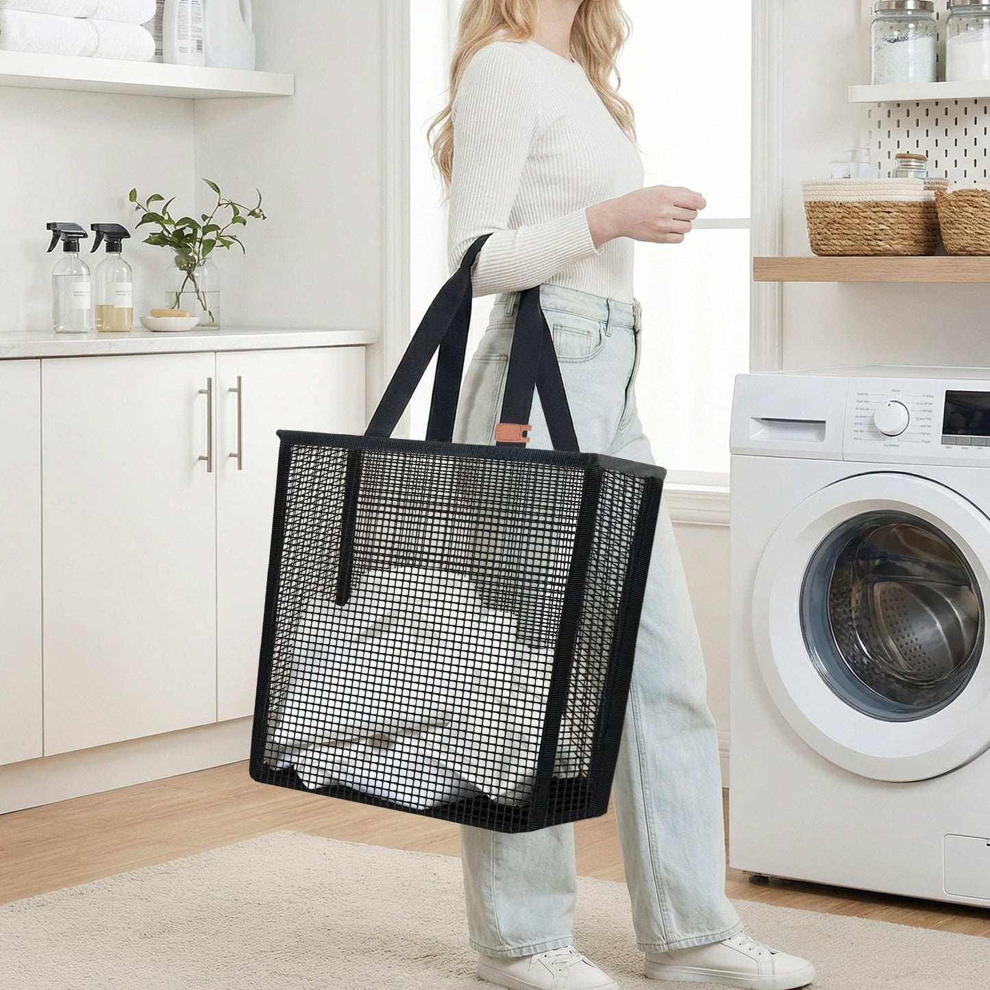 STORAGE MANIAC Collapsible Laundry Basket, 16.9 Gal. Large Pop-up Laundry Hamper with Long Carry Handles, Space-Saving Foldable Clothes Hamper with Bottom Elastic Band, Travel Laundry Bags, Mesh Black
