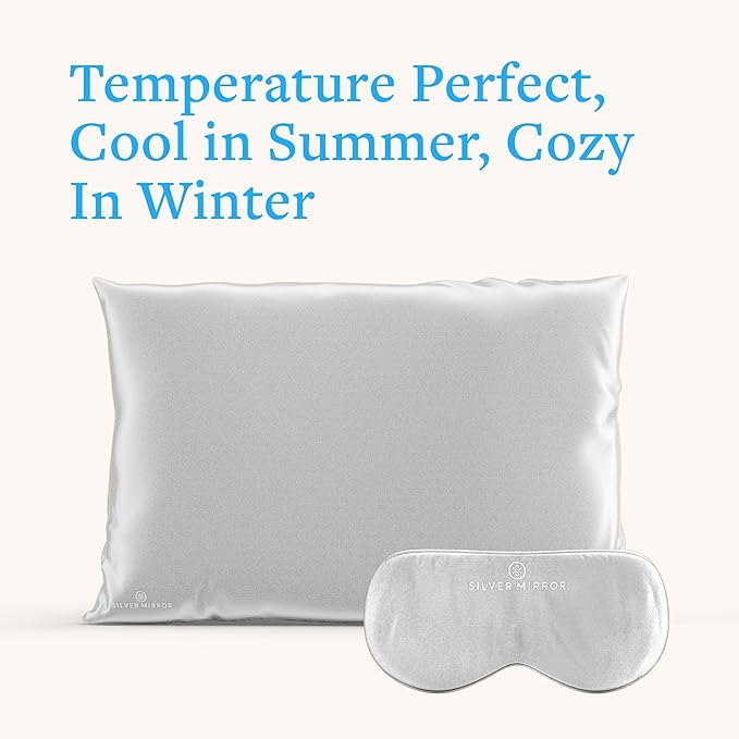 Silk Sleep Essentials Set in Silver: Pillowcase and Eye Mask, 25" x 19.5" Fits Standard Queen Pillow, 22mm 6A Grade, for Gentle Sleep, Anti-Breakage, Tangles, Creases, and Wrinkles