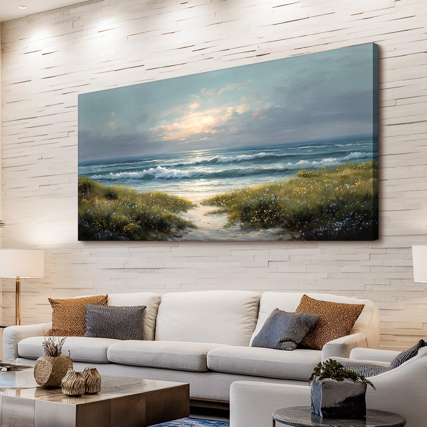 selatala Coastal Large Wall Art 20"X40", Ocean Sunset Landscape Canvas Prints Paintings, Flowers Sea Beach Neutral Wall Picture Artwork Farmhouse Decor Living Room Office Bedroom Dining Room